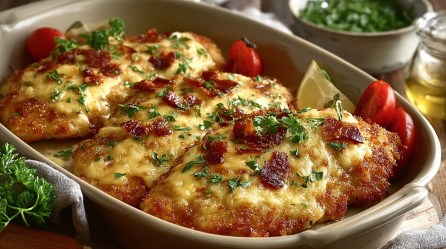 Auflaufform mit Überbackene Schnitzel mit Käse und Speck