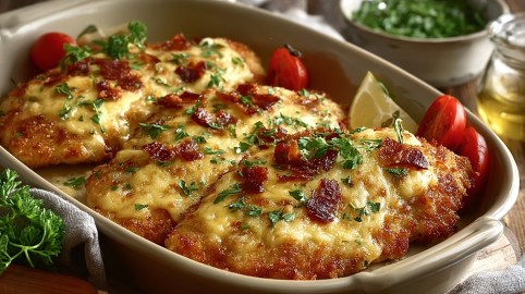 Auflaufform mit Überbackene Schnitzel mit Käse und Speck