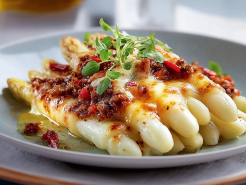 Überbackener Spargel mit Gemüse-Bolognese auf einem Teller.