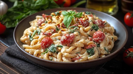 Ein großer Teller mit veganen Nudeln mit Tahini-Soße, Cherrytomaten, getrockneten Tomaten und Spinat. Die Portion ist mit frischen Basilikumblättern und gerösteten Pinienkernen garniert. Im Hintergrund kann man verschiedene Zutaten erahnen. Der Tisch steht auf einem Stofftuch aus einem Holztisch.