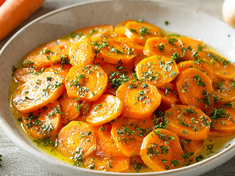 Vichy-Karotten in einer Schüssel, garniert mit Petersilie. Daneben ist eine Schalotte.