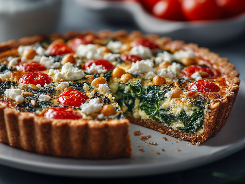 Eine Vollkorn-Quiche auf einem grauen Teller. Sie ist mit Spinat, Tomaten, Kichererbsen und Feta gefüllt. Im Hintergrund sieht man weitere Tomaten.