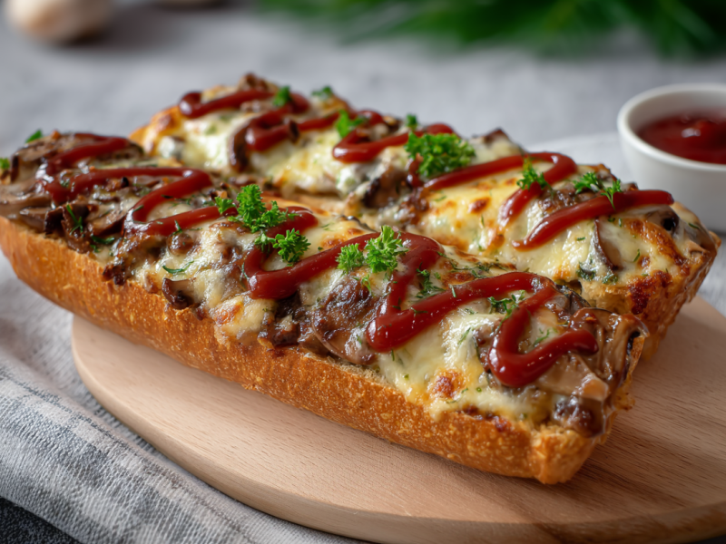 Zwei Zapiekanki liegen auf einem Holzbrett. Im Hintergrund sieht man frische Kräuter sowie zwei Schalen, je mit Ketchup und mit geriebenem Käse.