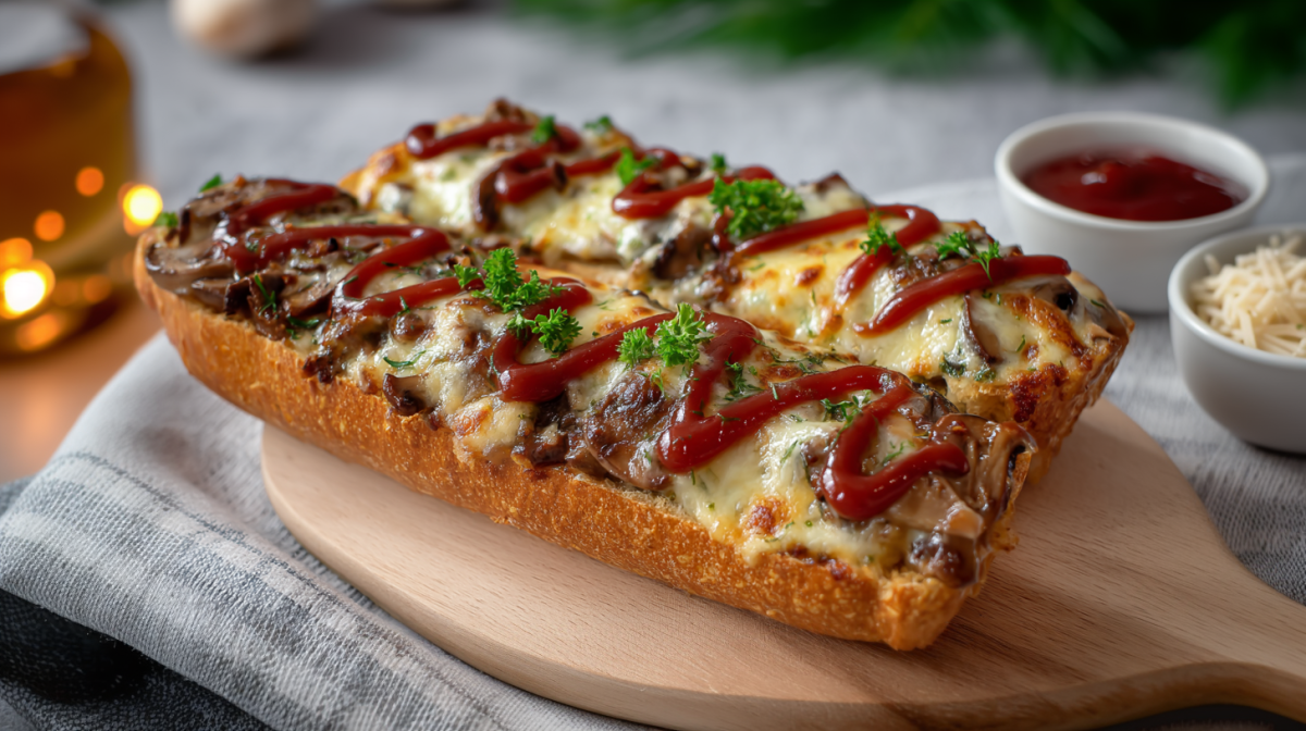 Zwei Zapiekanki liegen auf einem Holzbrett. Im Hintergrund sieht man frische Kräuter sowie zwei Schalen, je mit Ketchup und mit geriebenem Käse.