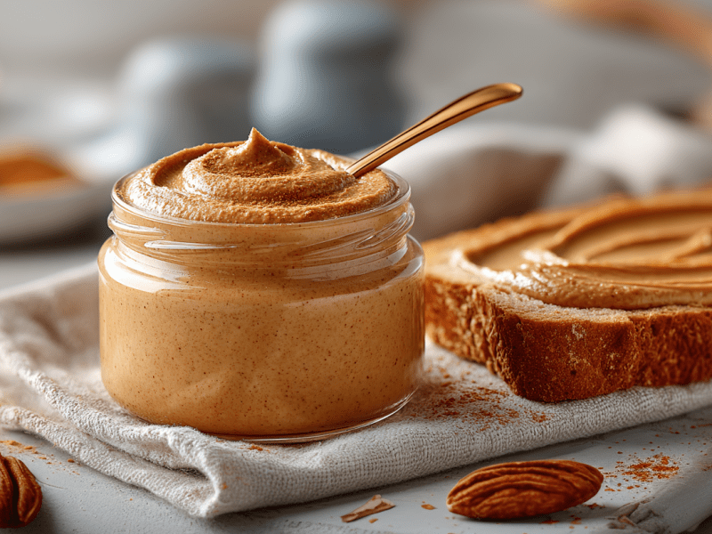 Ein Glas mit Zimt-Mandel-Aufstrich auf einem grauen Küchentuch. Daneben liegt ein Brot mit dem Aufstrich. Um das Tuch herum liegen einige Mandeln sowie Zimtstangen verteilt.