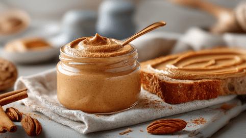 Ein Glas mit Zimt-Mandel-Aufstrich auf einem grauen Küchentuch. Daneben liegt ein Brot mit dem Aufstrich. Um das Tuch herum liegen einige Mandeln sowie Zimtstangen verteilt.