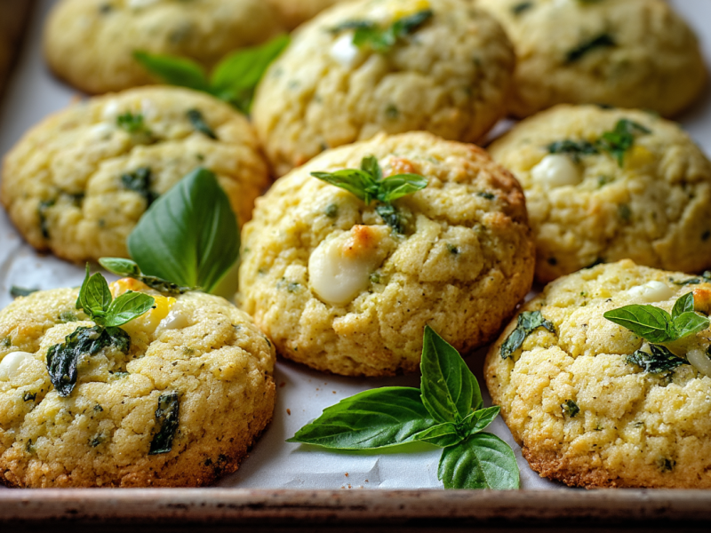 Zitronen-Basilikum-Cookies auf einem Backblech, garniert mit frischem Basilikum.