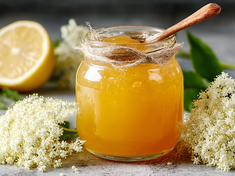 Ein Glas Zitronen-Holunderblüten-Gelee mit einem Holzlöffel darin. Daneben liegen Zitronen und einige Holunderblütendolden.
