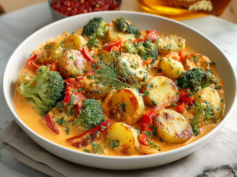 Ajvar-Kartoffeln mit Brokkoli in einer runden Schale. Um die Schale verteilt liegt frischer Dill sowie zwei Chilischoten. Im Hintergrund sieht man Chiliflocken und eine Flasche öl.