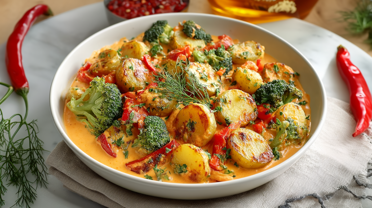 Ajvar-Kartoffeln mit Brokkoli in einer runden Schale. Um die Schale verteilt liegt frischer Dill sowie zwei Chilischoten. Im Hintergrund sieht man Chiliflocken und eine Flasche öl.