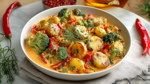 Ajvar-Kartoffeln mit Brokkoli in einer runden Schale. Um die Schale verteilt liegt frischer Dill sowie zwei Chilischoten. Im Hintergrund sieht man Chiliflocken und eine Flasche öl.