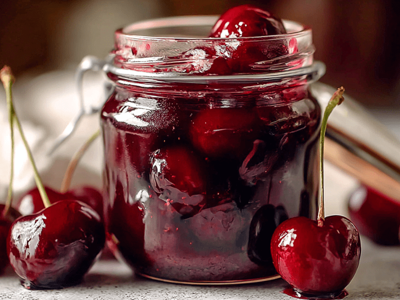 Amarenakirschen selbst machen: Kirshcen in einem Glas.
