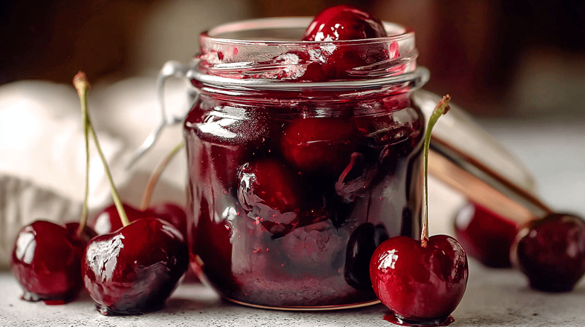 Amarenakirschen selbst machen: Kirshcen in einem Glas.