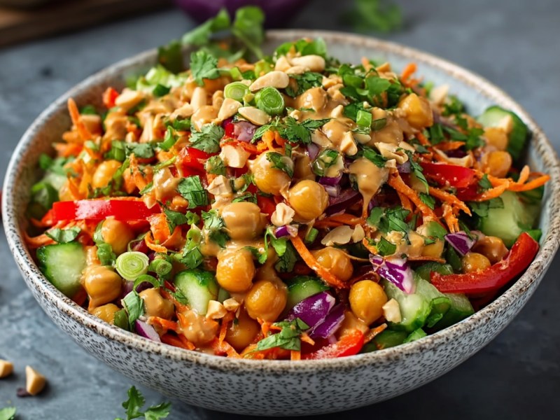 Eine Schüssel asiatischer Kichererbsensalat. Um die Schüssel liegen einige Zutaten verstreut.