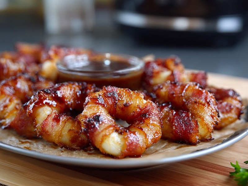 Ein Teller, der mit Backpapier belegt ist und auf dem viele Bacon-Zwiebelringe aus dem Airfryer liegen. In der Mitte der Zwiebelringe steht eine Schale mit einem Dip. Im Hintergrund kann man den Rest der Küche und einen Airfryer erahnen. Der Teller steht auf einem Holzbrett.