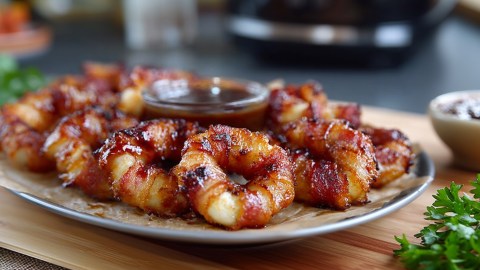 Ein Teller, der mit Backpapier belegt ist und auf dem viele Bacon-Zwiebelringe aus dem Airfryer liegen. In der Mitte der Zwiebelringe steht eine Schale mit einem Dip. Im Hintergrund kann man den Rest der Küche und einen Airfryer erahnen. Der Teller steht auf einem Holzbrett.