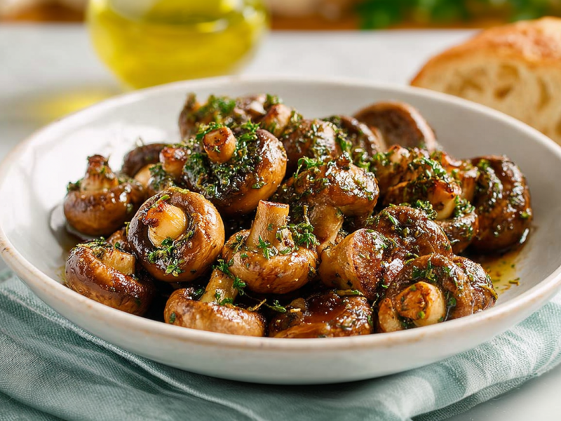 Eine Schale mit Balsamico-Champignons aus dem Airfryer. Mariniert mit Kräutern.