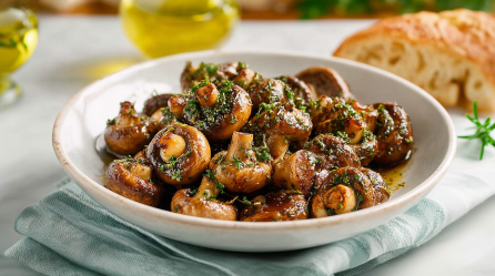 Eine Schale mit Balsamico-Champignons aus dem Airfryer. Mariniert mit Kräutern.