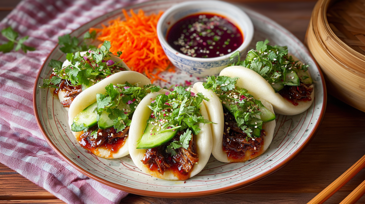 Bao Buns mit Austernpilzen auf einem Teller, daneben ein Dip.