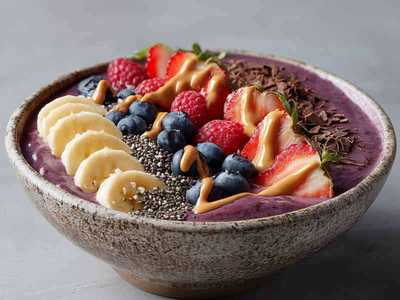 Eine Beeren-Quark-Bowl auf grauem Untergrund. Die Bowl besteht aus lila farbenen Joghurt und ist mit frischen Bananen, Erdbeeren sowie gefrorenen Heidelbeeren und Himbeeren angerichtet. Etwas Nussmus, Chiasamen und Schokoraspeln sind ebenfalls darübergestreut.