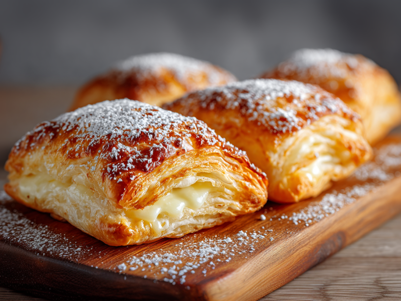 Vier Blätterteig-Puddingtaschen sind zu sehen. Im Hintergrund liegen zwei, im Vordergrund und scharf gestellt liegen zwei auf einem Holzbrett. Sie sind mit Puderzucker garniert.