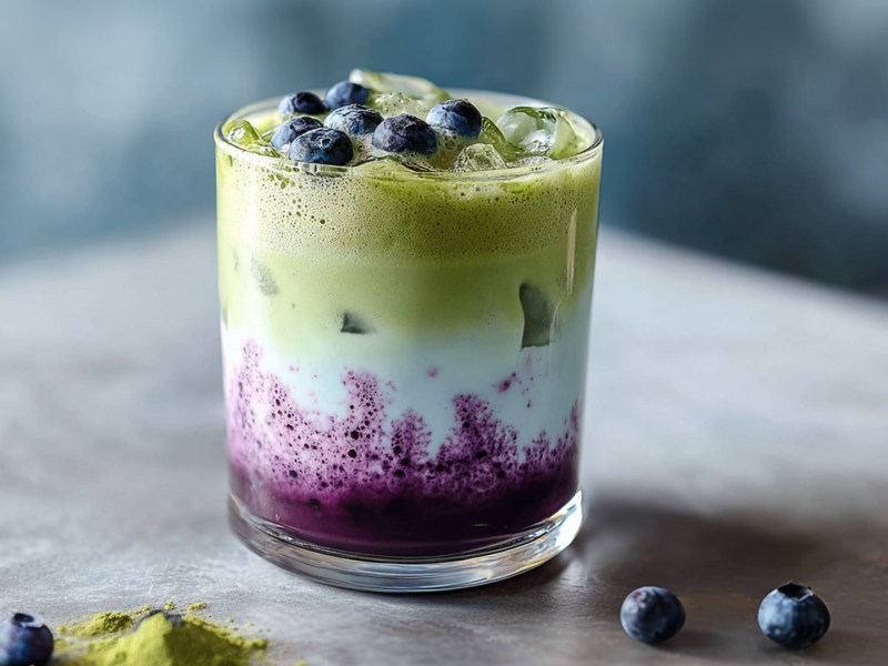 Ein Glas mit Blaubeer-Matcha-Latte. Auf der Arbeitsfläche kann man noch ein Häufchen Matcha-Pulver sowie eine Schale mit Matcha-Pulver erkennen. Außerdem liegen ein paar einzelne Heidelbeeren herum.