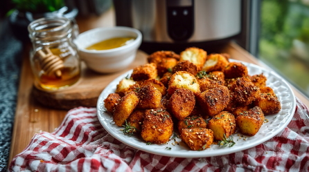 Ein Teller mit Brezel-Snack aus dem Airfryer steht auf einem rot-karierten Handtuch. Im Hintergrund sind ein Airfryer sowie ein Schälchen mit Honig zu sehen.