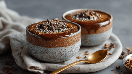 Zwei Schalen Brownie-Overnight-Oats stehen auf einem Küchentuch. Davor liegt ein goldener Löffel.