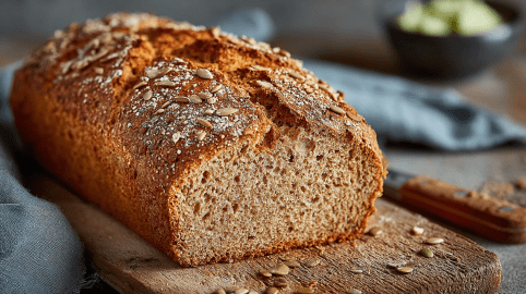 Ein angeschnittener Laib Buchweizen-Joghurt-Brot.