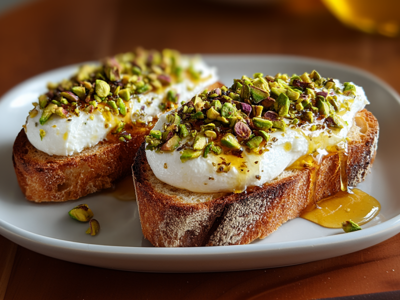 Ein Teller mit zwei Toasts mit Burrata, Pistazien und Honig.