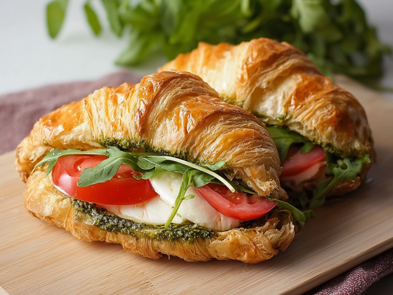 Zwei Caprese-Croissants auf einem Holzbrett.