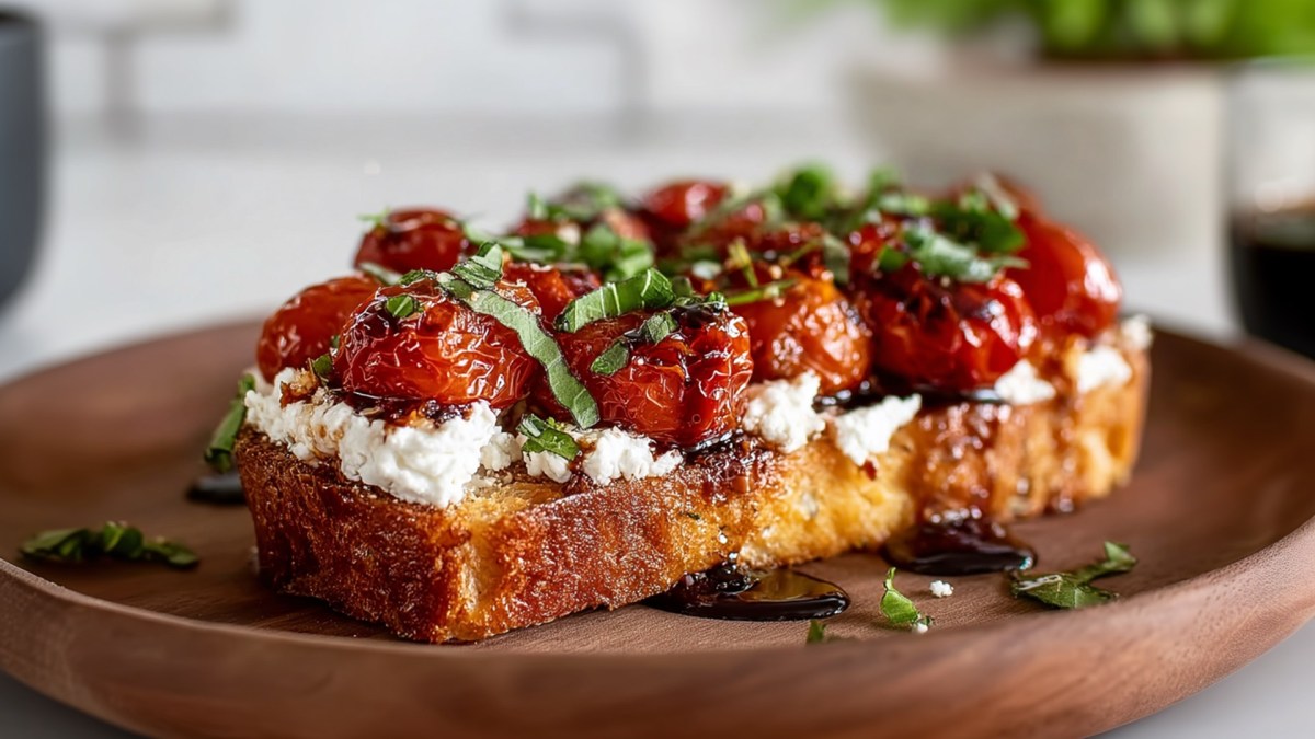 Ein Holzteller mit einem Caprese-Toast mit Hüttenkäse und gerösteten Tomaten. Das Ganze ist mit frischem Basilikum und Balsamico-Creme garniert. Im Hintergrund kann man verschwommen die restliche Küche erkennen.