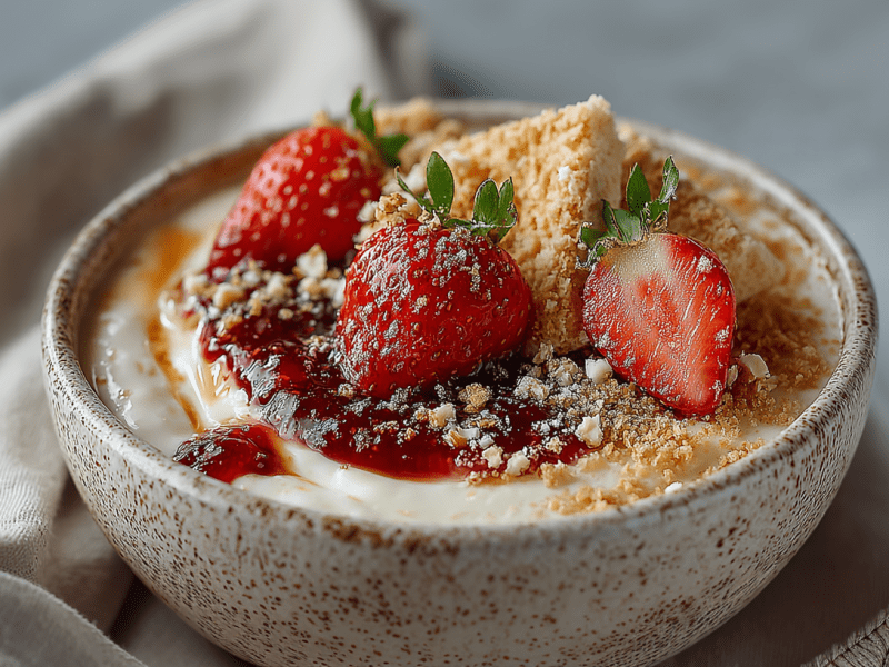 Eine Cheesecake-Bowl auf einem grauen Tuch. Die Bowl ist mit Erdbeeren, Butterkeks-Streuseln und gehackten Walnüssen angerichtet.