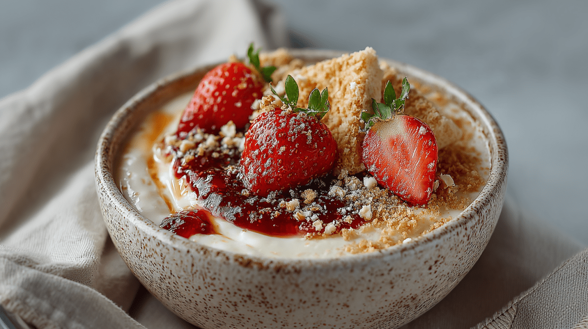 Eine Cheesecake-Bowl auf einem grauen Tuch. Die Bowl ist mit Erdbeeren, Butterkeks-Streuseln und gehackten Walnüssen angerichtet.