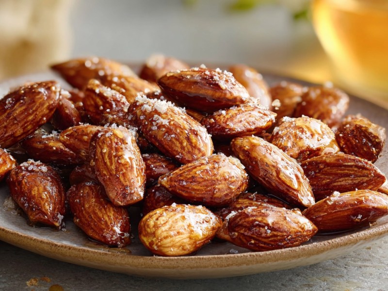 Curry-Honig-Mandeln auf einem Teller.