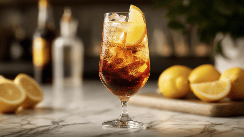 Ein Glas Cynar Spritz, garniert mit einer Zitronenscheibe.
