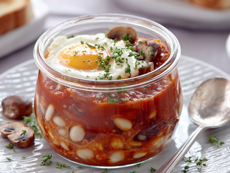 Ein englisches Frühstück im Glas auf einem Teller. Daneben liegt ein Löffel.