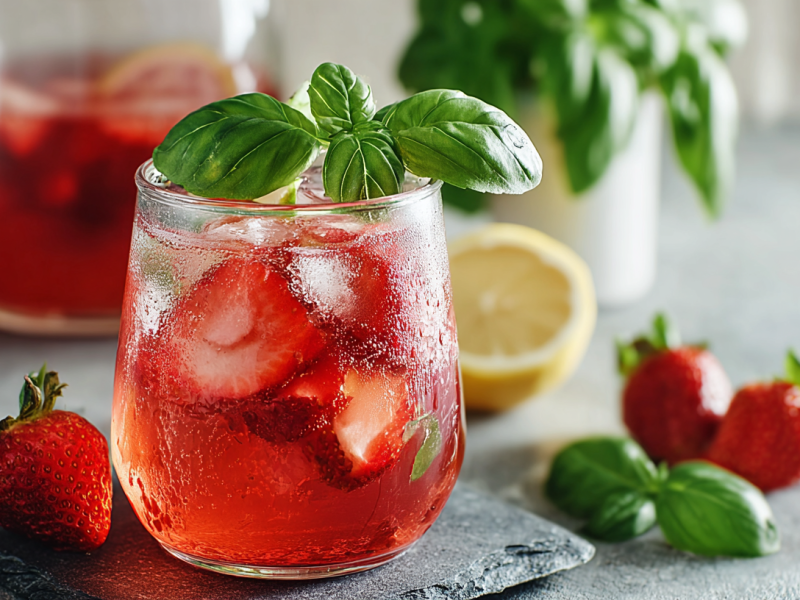 Ein Glas Erdbeer-Basilikum-Limonade mit Eiswürfeln.