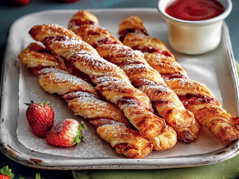 Vier Erdbeer-Blätterteigstangen auf einem Teller. Daneben liegen frische Erdbeeren und es steht eine Schale mit Erdbeersoße.