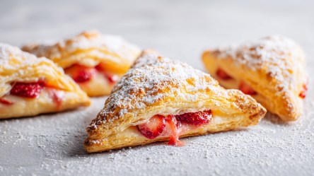 Ein paar Erdbeer-Blätterteigtaschen mit Vanille-Creme, die mit Puderzucker bestäubt sind. Auf der Arbeitsfläche liegt auch Puderzucker verstreut.