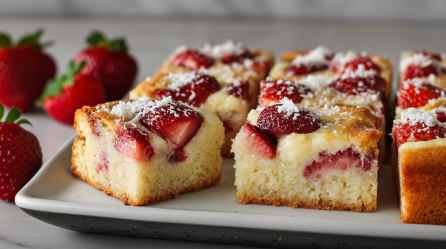 Mehrere Erdbeer-Brownies liegen angerichtet auf einer Keramikplatte. Links neben der Platte liegen frische Erdbeeren. Die Blondies sind mit Kokosraspel überstreut.