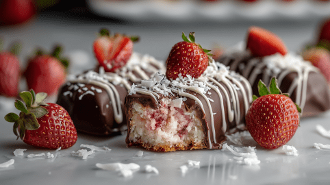 Drei Erdbeer-Bounty liegen auf eine glatten Oberfläche. Eins ist angeschnitten und gibt den Blick auf die Kokos-Erdbeer-Füllung frei. Die Riegel sind mit Erdbeeren und Kokosraspel verziert.
