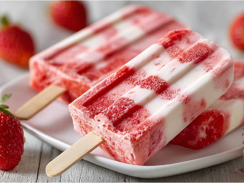 Erdbeer-Buttermilch-Eis am Stiel auf einem Teller