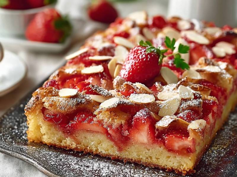 Ein Erdbeer-Butterkuchen auf einer Servierplatte