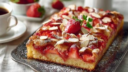 Ein Erdbeer-Butterkuchen auf einer Servierplatte