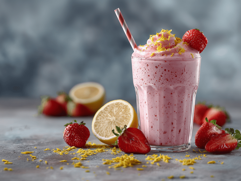 Ein Glas Erdbeer-Cheescake-Shake steht auf grauem Untergrund vor einem grauen Hintergrund. Um das Glas verteilt liegen einige Erdbeeren sowie etwas Zitronenzeste.