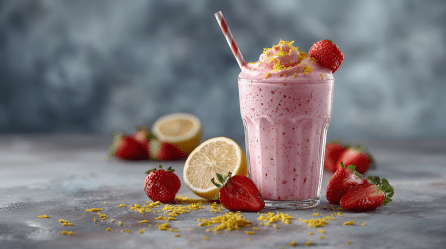 Ein Glas Erdbeer-Cheescake-Shake steht auf grauem Untergrund vor einem grauen Hintergrund. Um das Glas verteilt liegen einige Erdbeeren sowie etwas Zitronenzeste.