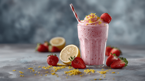 Ein Glas Erdbeer-Cheescake-Shake steht auf grauem Untergrund vor einem grauen Hintergrund. Um das Glas verteilt liegen einige Erdbeeren sowie etwas Zitronenzeste.