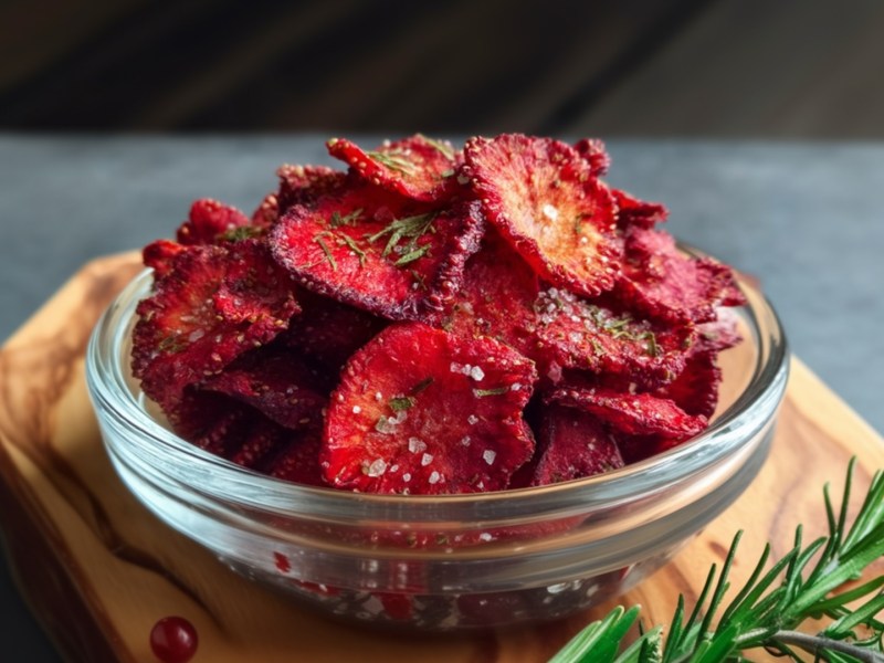 Eine Schale mit Erdbeer-Chips aus dem Airfryer. Die Glasschale steht auf einem Holzbrett. Außerdem kann man einen Zweig frischen Rosmarin und eine Erdbeere darauf erkennen.
