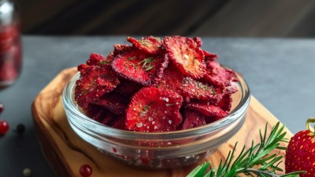 Eine Schale mit Erdbeer-Chips aus dem Airfryer. Die Glasschale steht auf einem Holzbrett. Außerdem kann man einen Zweig frischen Rosmarin und eine Erdbeere darauf erkennen.